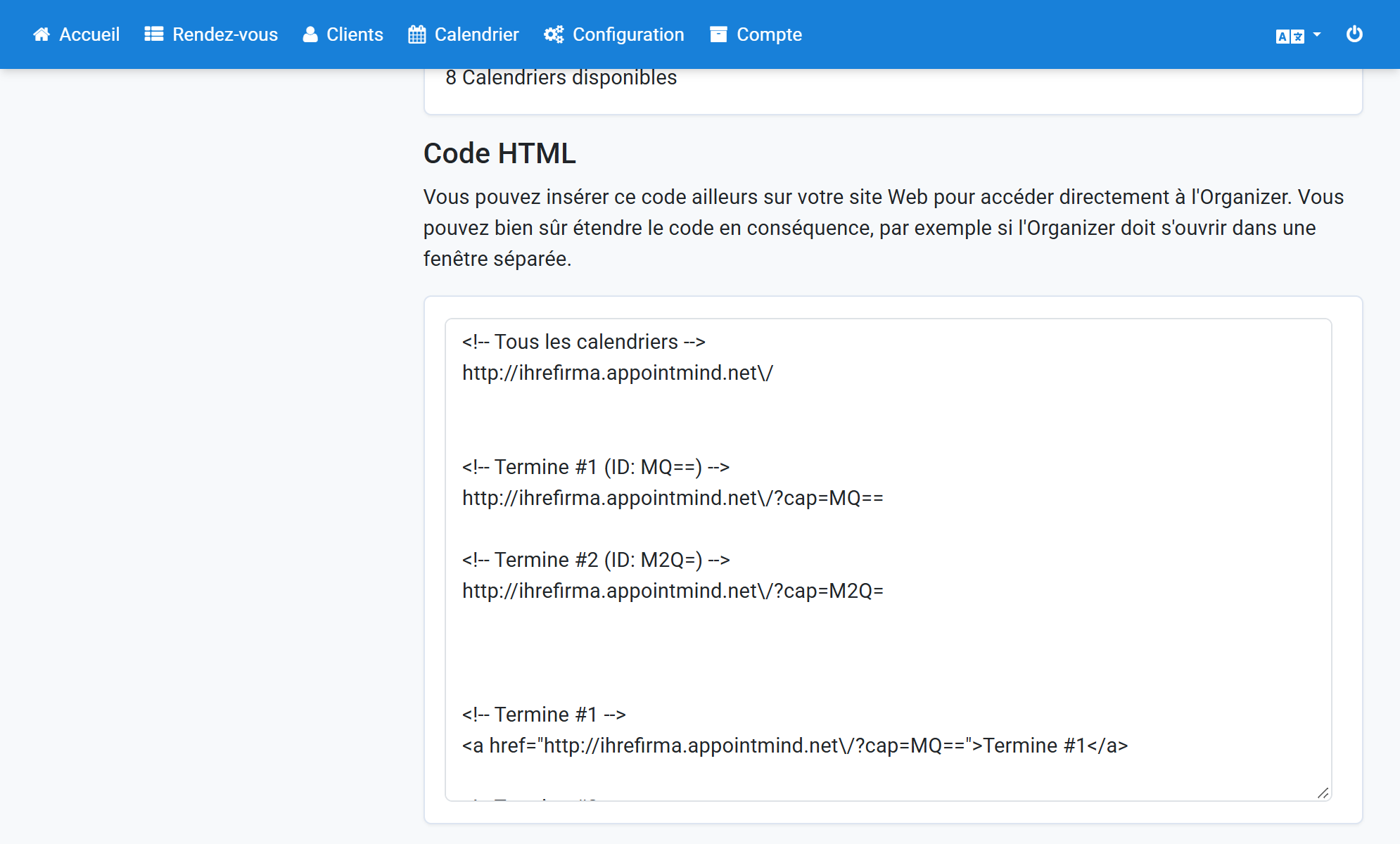 Sélectionnez et copiez l'URL du calendrier