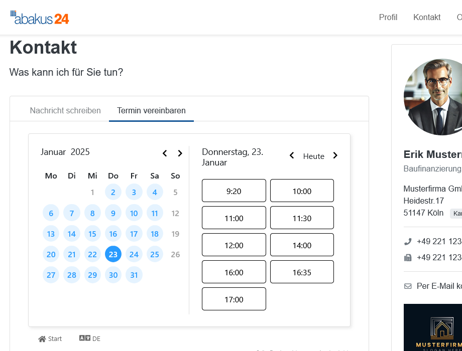 Le calendrier est maintenant affiché sous Contact > Prendre rendez-vous