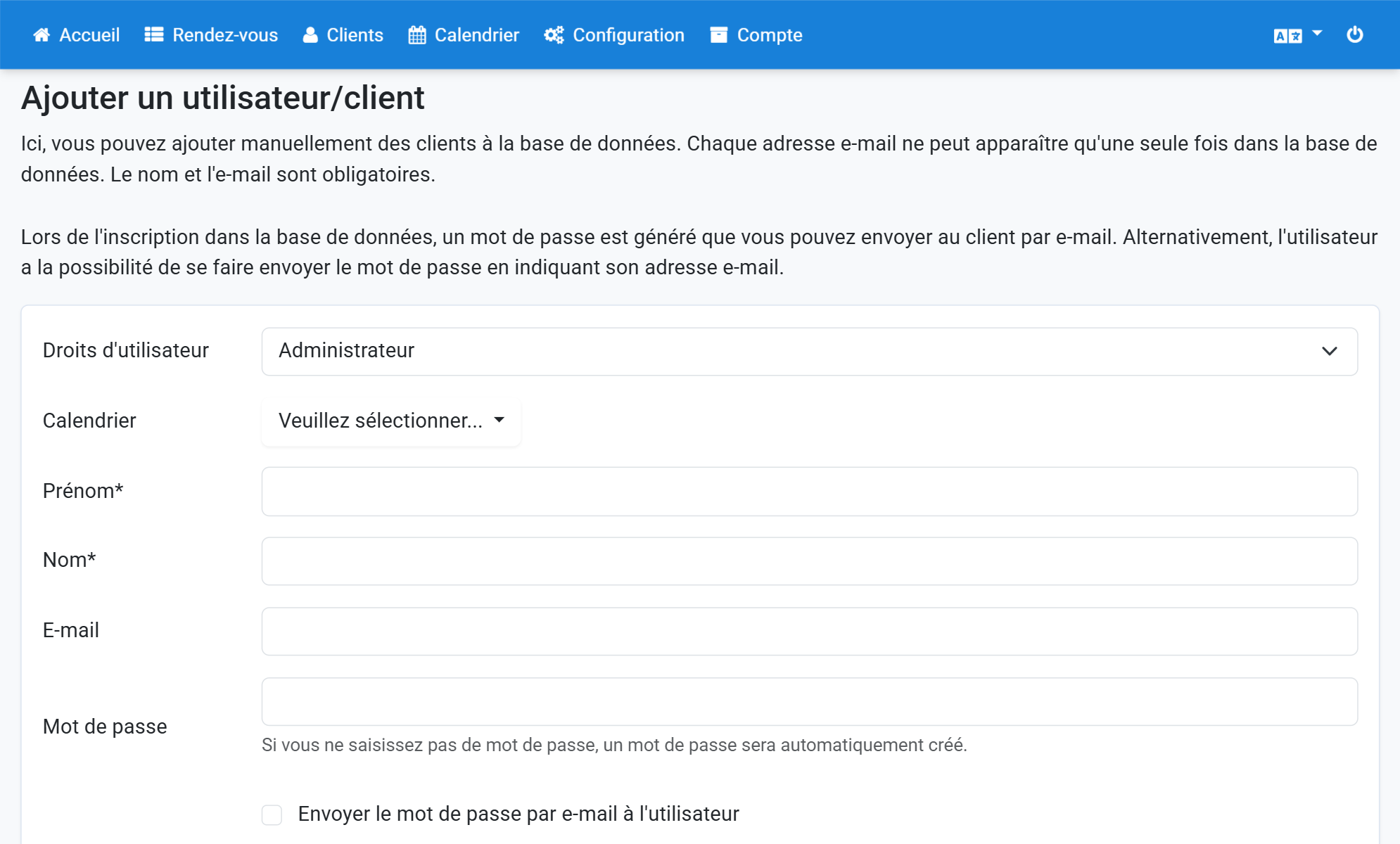 Sélectionnez Administrateur dans Droits d'utilisateur
