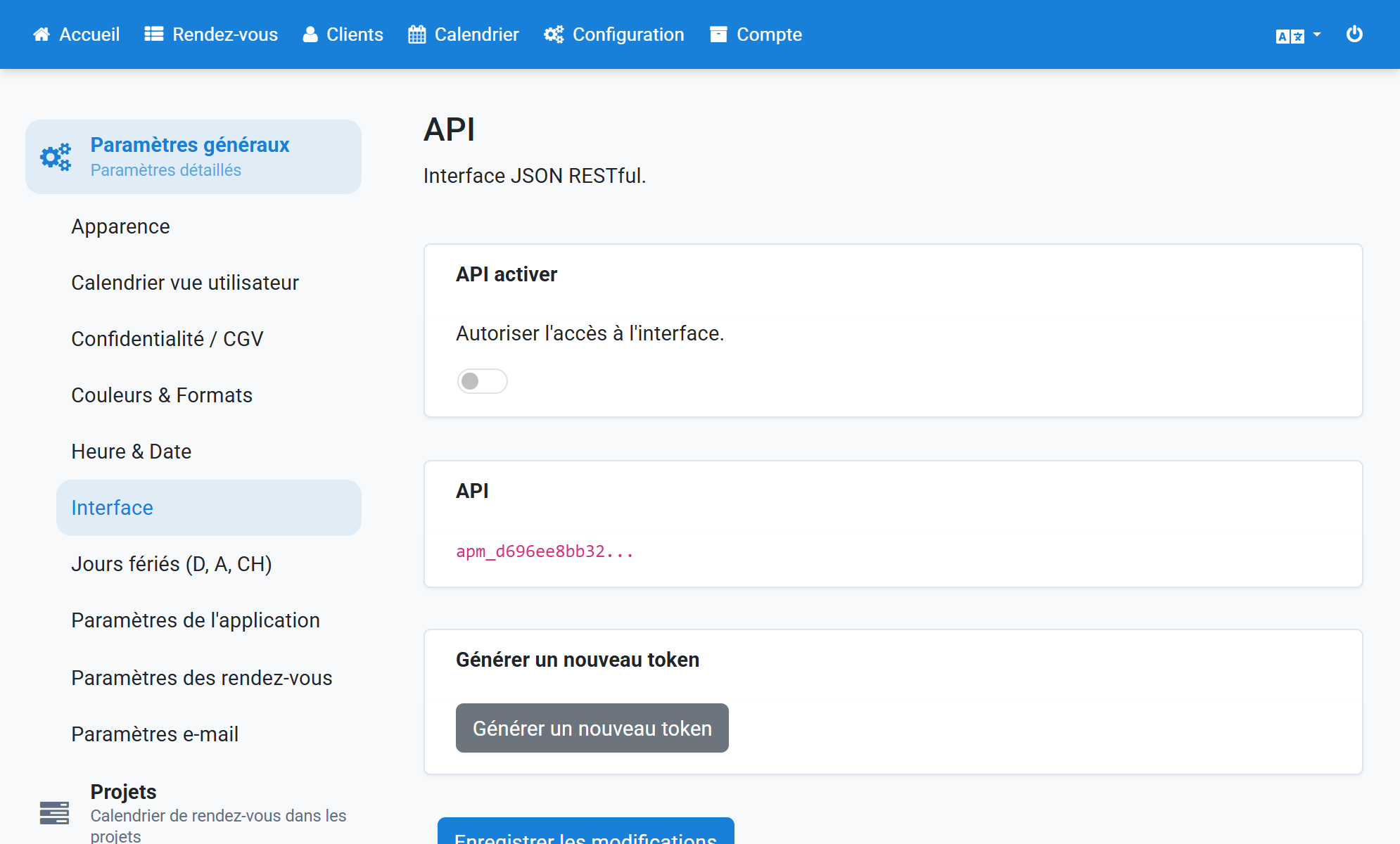 Activez API activer. La modification est enregistrée immédiatement