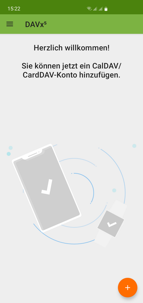Ouvrez DAVx5 sur votre smartphone et appuyez sur le signe plus pour ajouter un nouveau compte