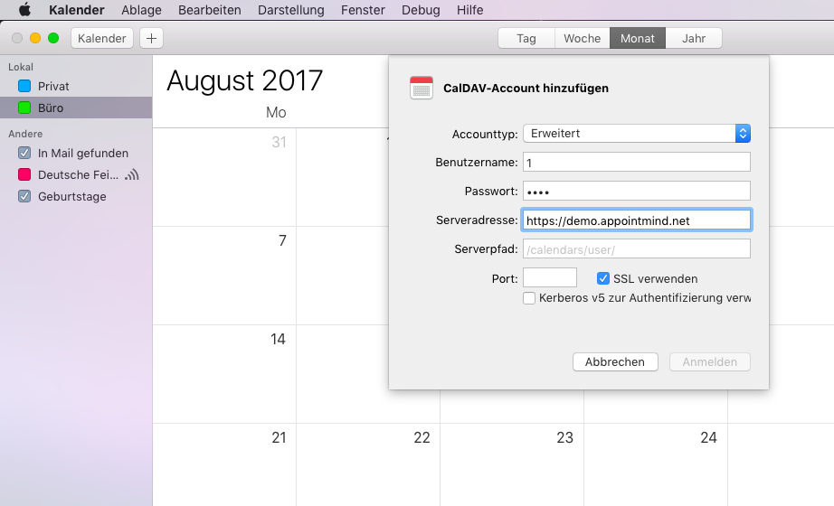 Collez l'adresse du serveur dans le Calendrier Apple