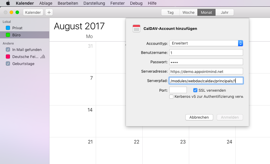Collez le chemin du serveur dans le Calendrier Apple