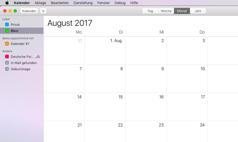 Si la connexion a réussi, le calendrier Appointmind apparaît dans la barre latérale