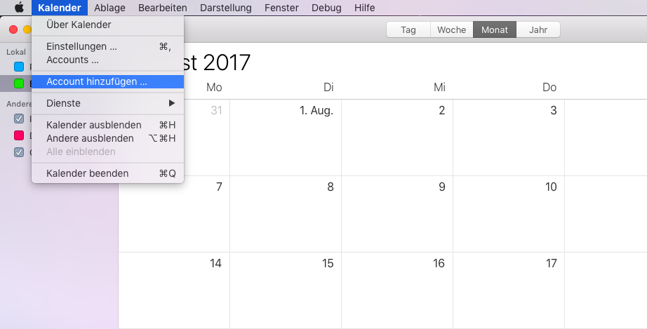 Dans le menu Calendrier, choisissez l'option Ajouter un compte