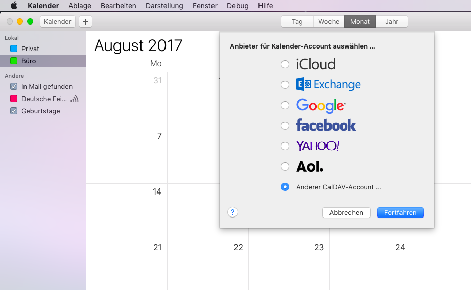 Sélectionnez Autre compte CalDAV et cliquez sur Continuer