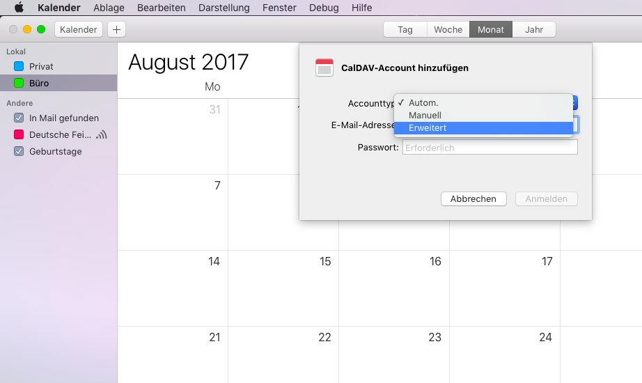 Dans le menu Type de compte, choisissez l'option Avancé