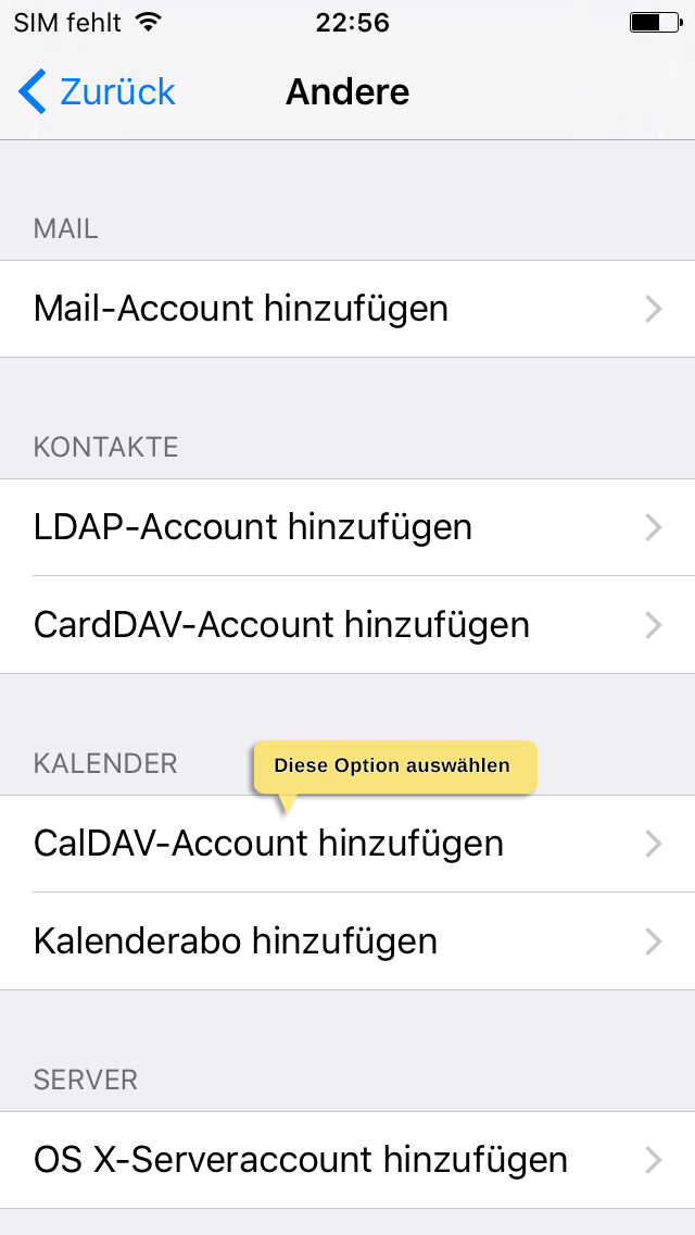Sélectionnez Ajouter un compte CalDAV