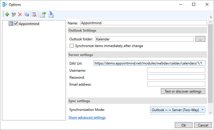 Collez l'URL dans DAV Url dans Outlook