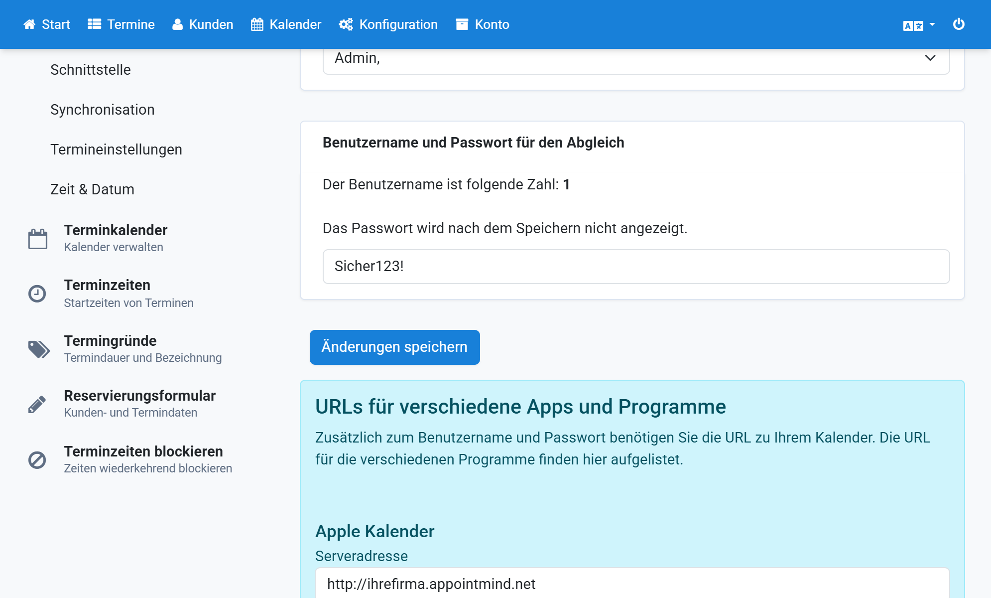 Saisissez exactement le même mot de passe dans le champ de mot de passe chez Appointmind et cliquez sur Enregistrer les modifications