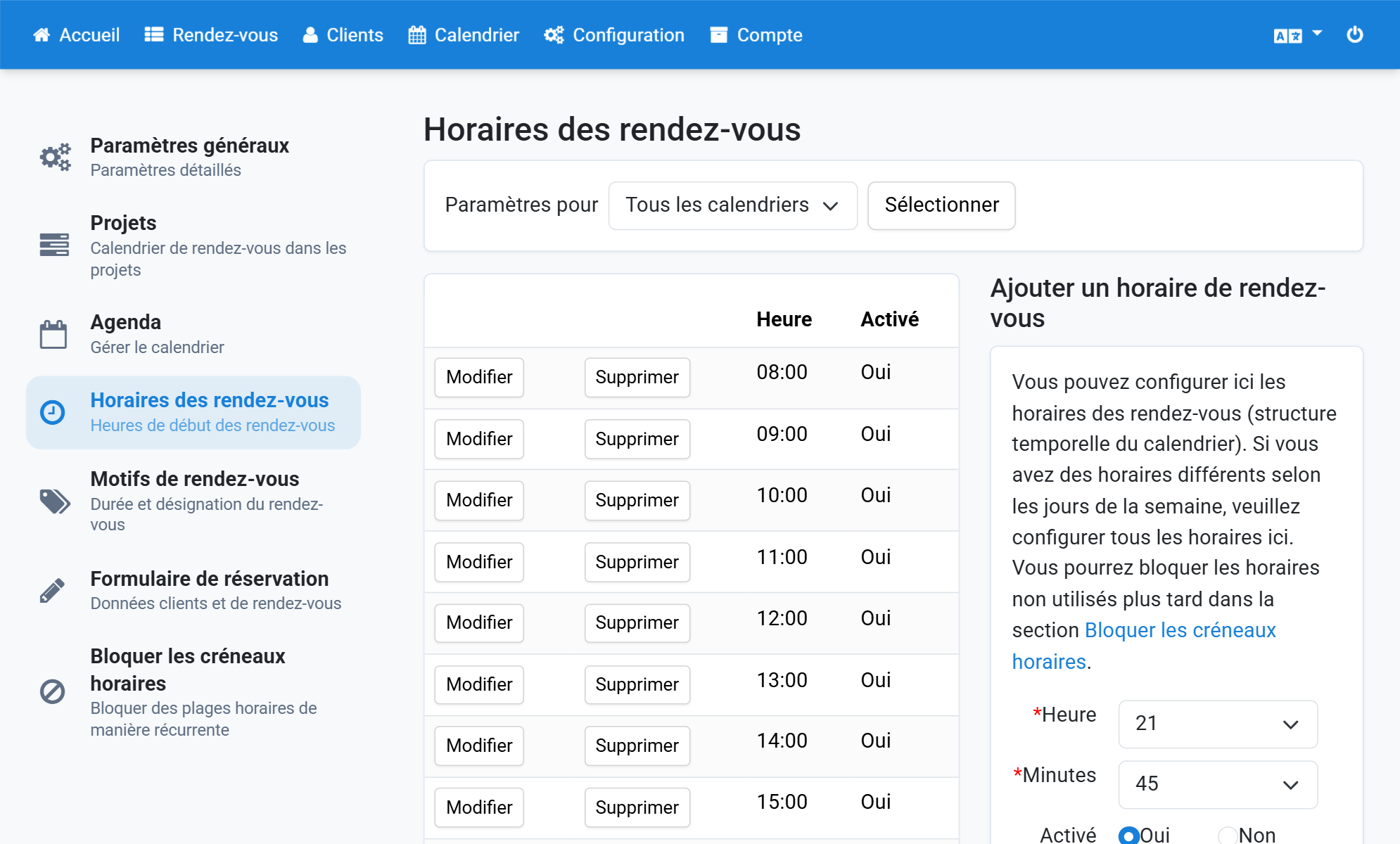 Indiquez les minutes de début du rendez-vous