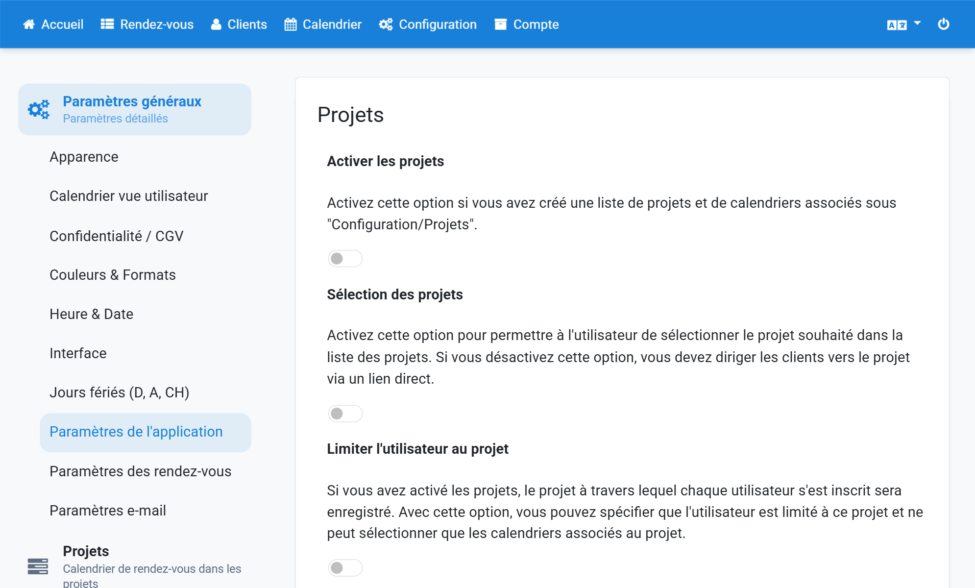 Activez Activer les projets et Sélection des projets