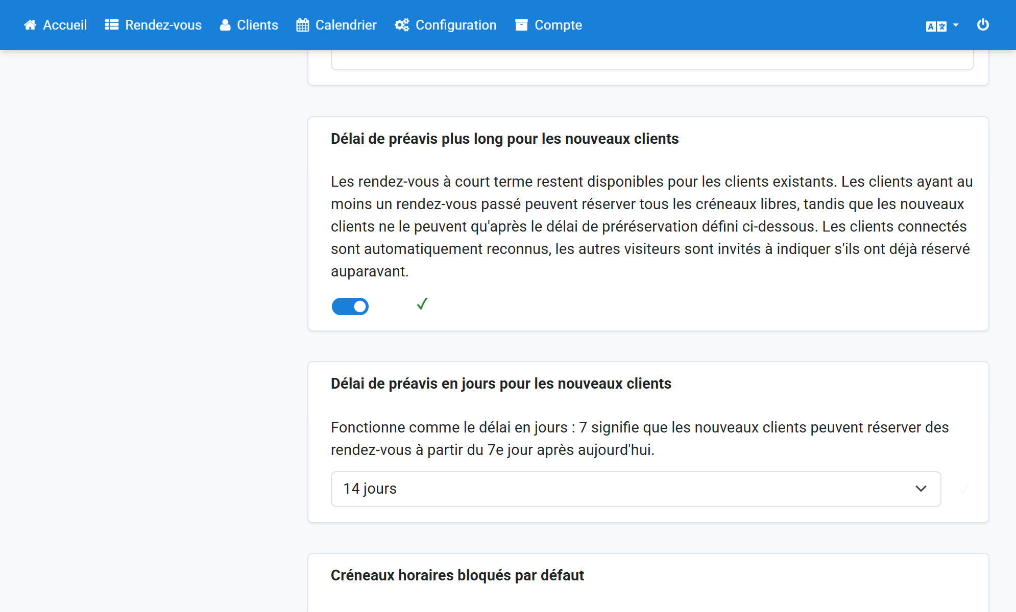 Sélectionnez 14 jours comme délai pour les nouveaux clients
