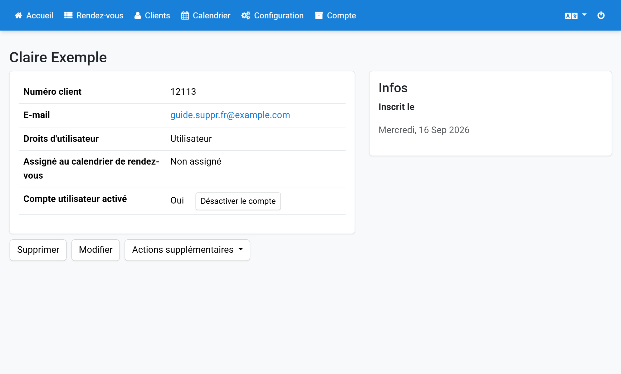 Pour désactiver le compte utilisateur, cliquez sur Désactiver le compte