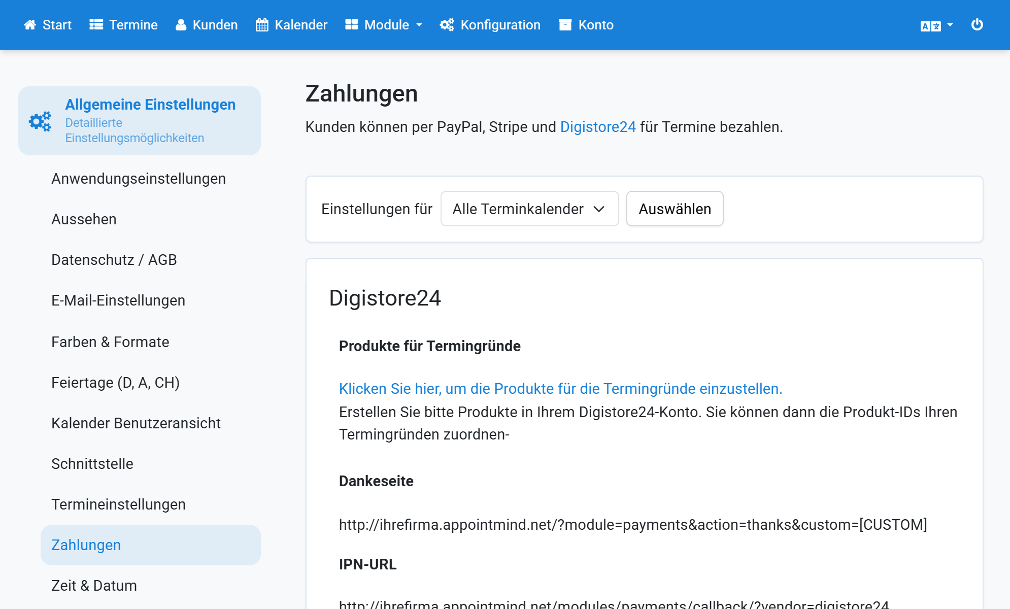 Connectez-vous à Appointmind et ouvrez Configuration / Configuration générale / Paiements