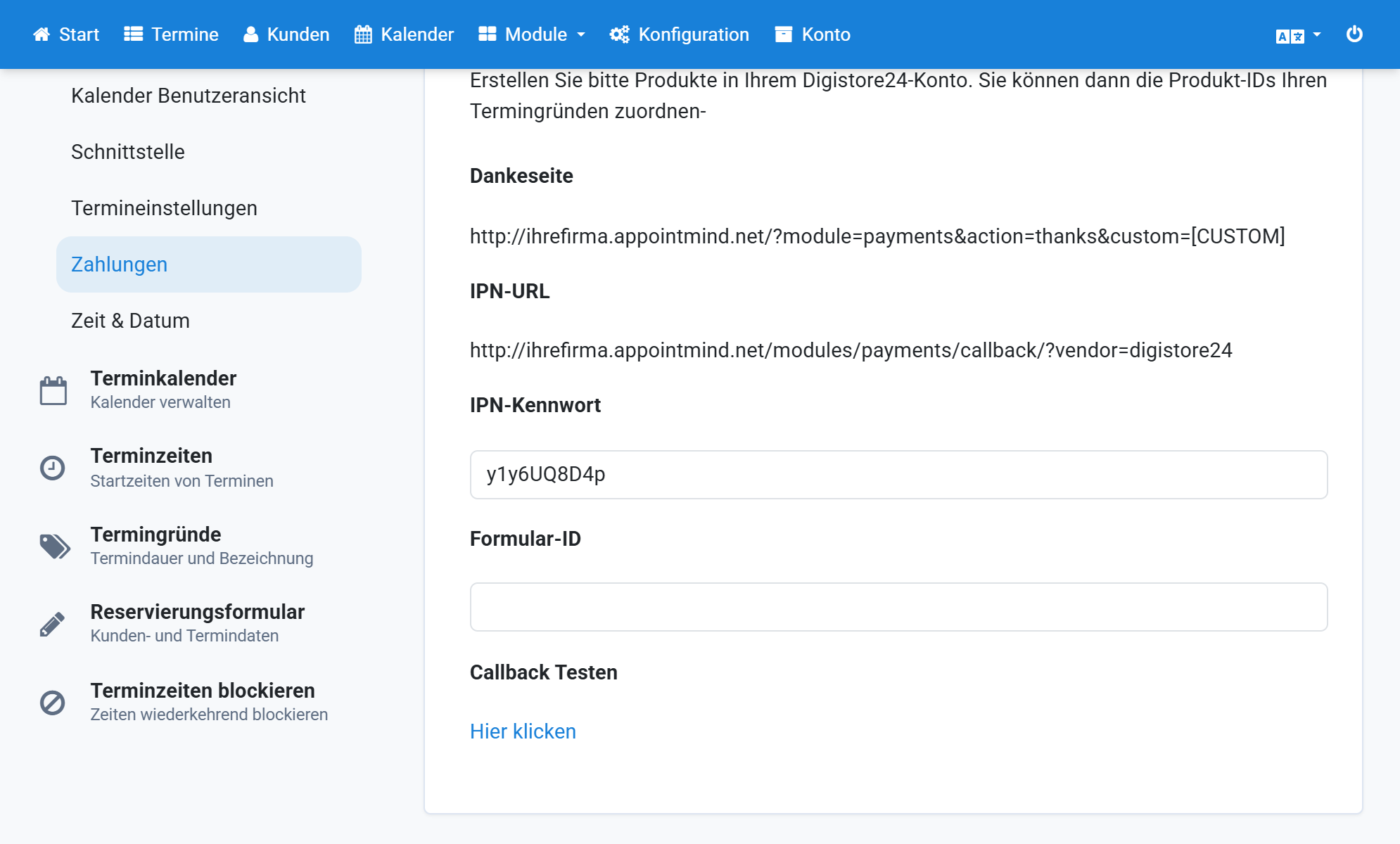 Saisissez le même mot de passe IPN dans Appointmind