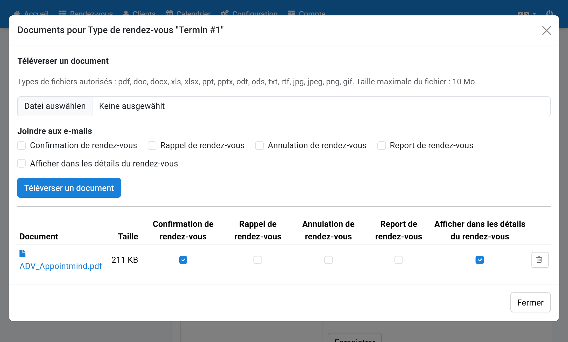 Cliquez sur l'icône corbeille pour supprimer un document et confirmez la demande de sécurité