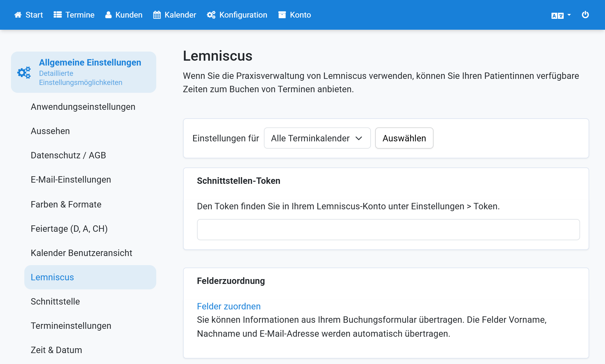 Sélectionnez Lemniscus dans la configuration générale d'Appointmind