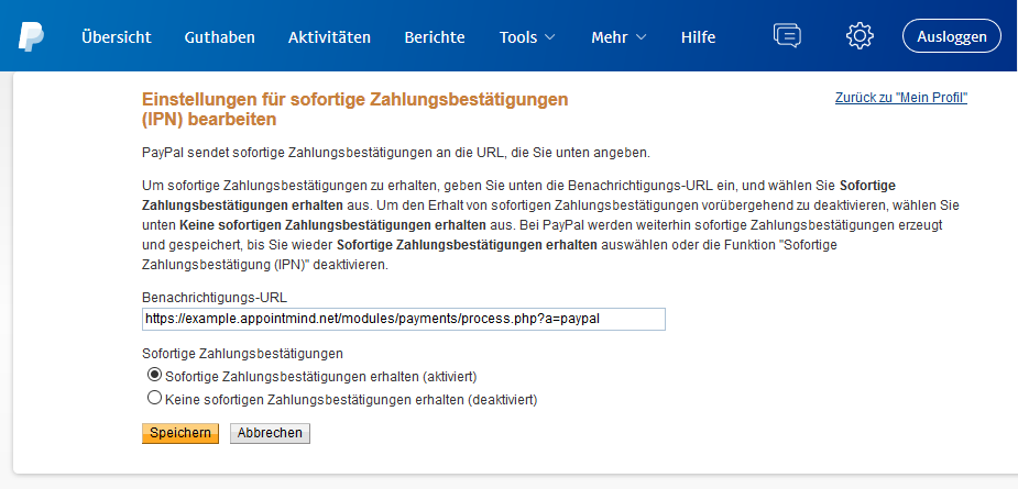 Collez l'URL de notification dans PayPal