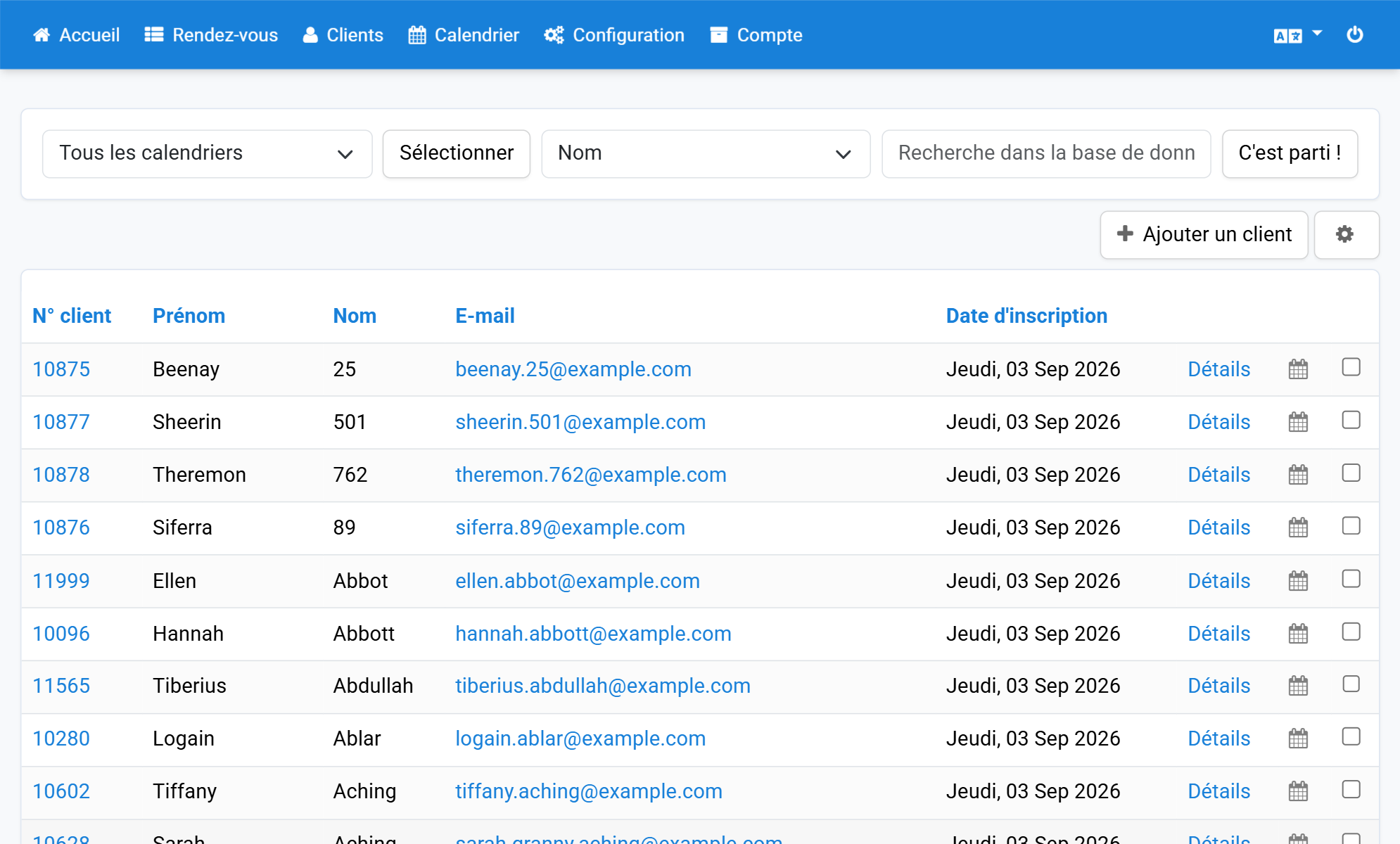Cliquez sur l'icône calendrier du client