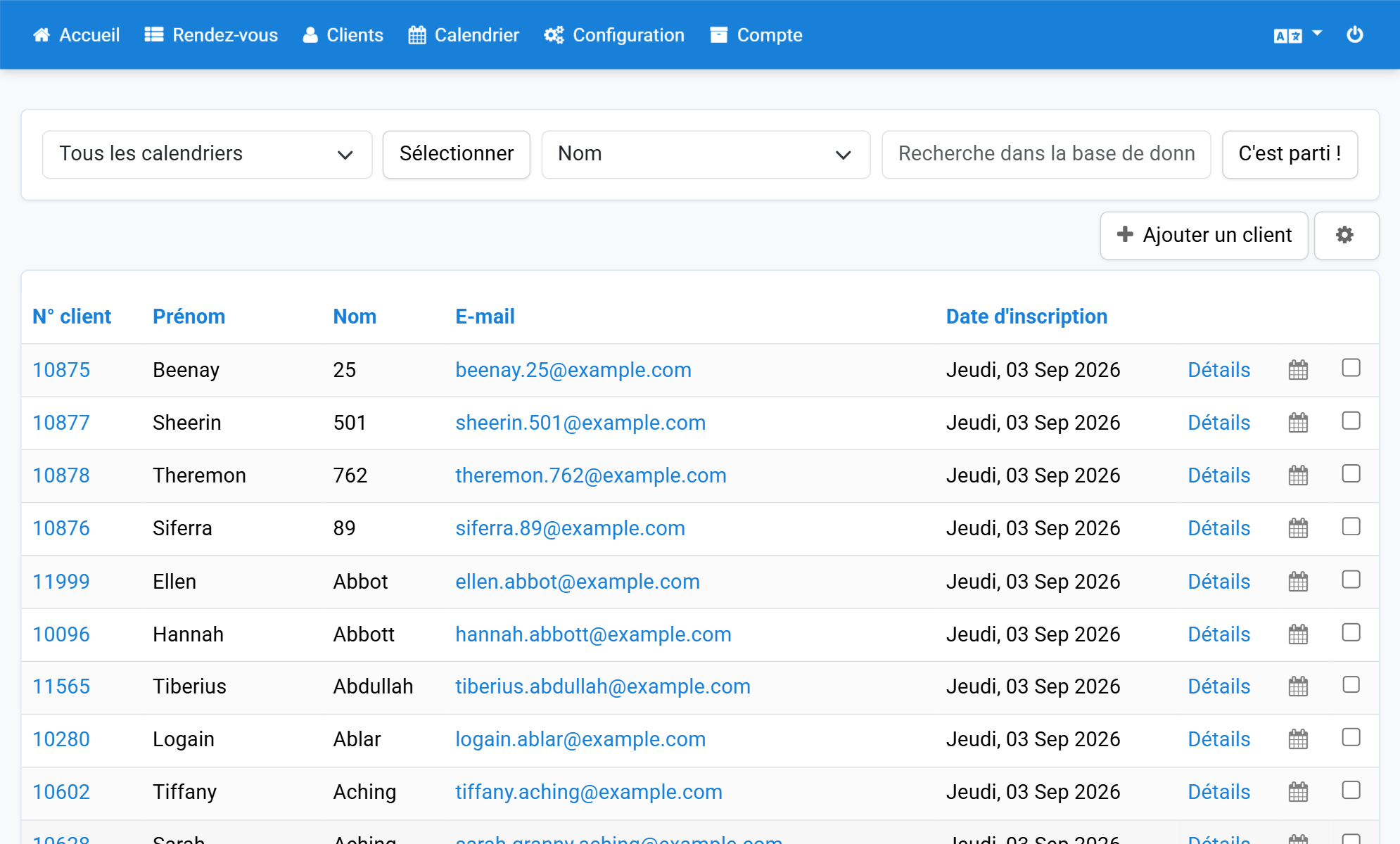 Cliquez dans la liste des clients sur l'icône de calendrier