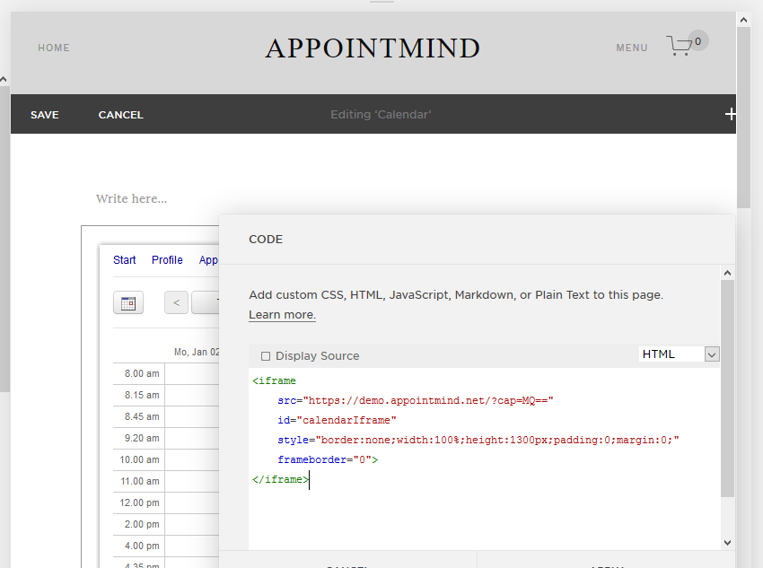 Collez le code dans le champ de code Squarespace