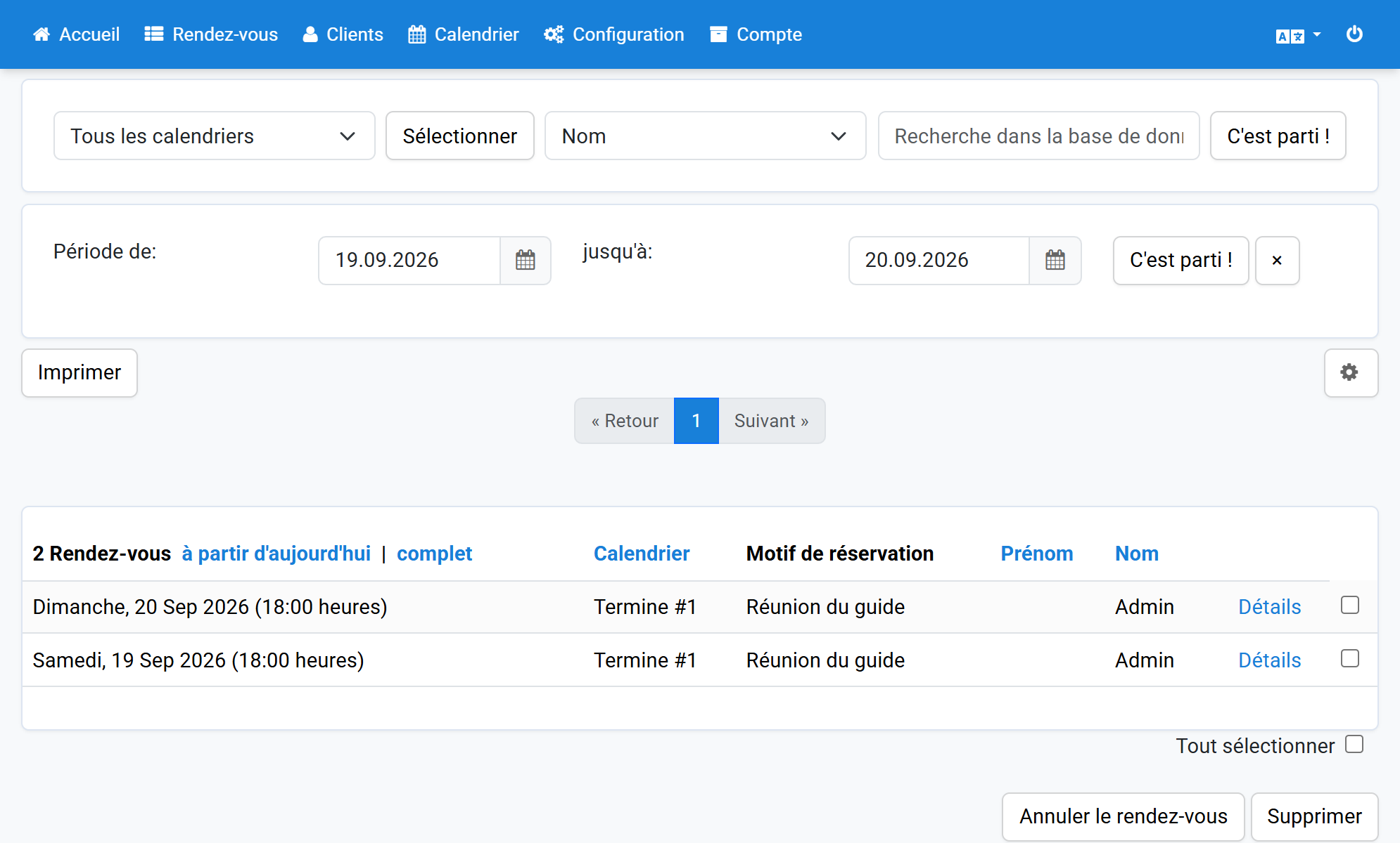Les rendez-vous administratifs sont affichés avec leur motif