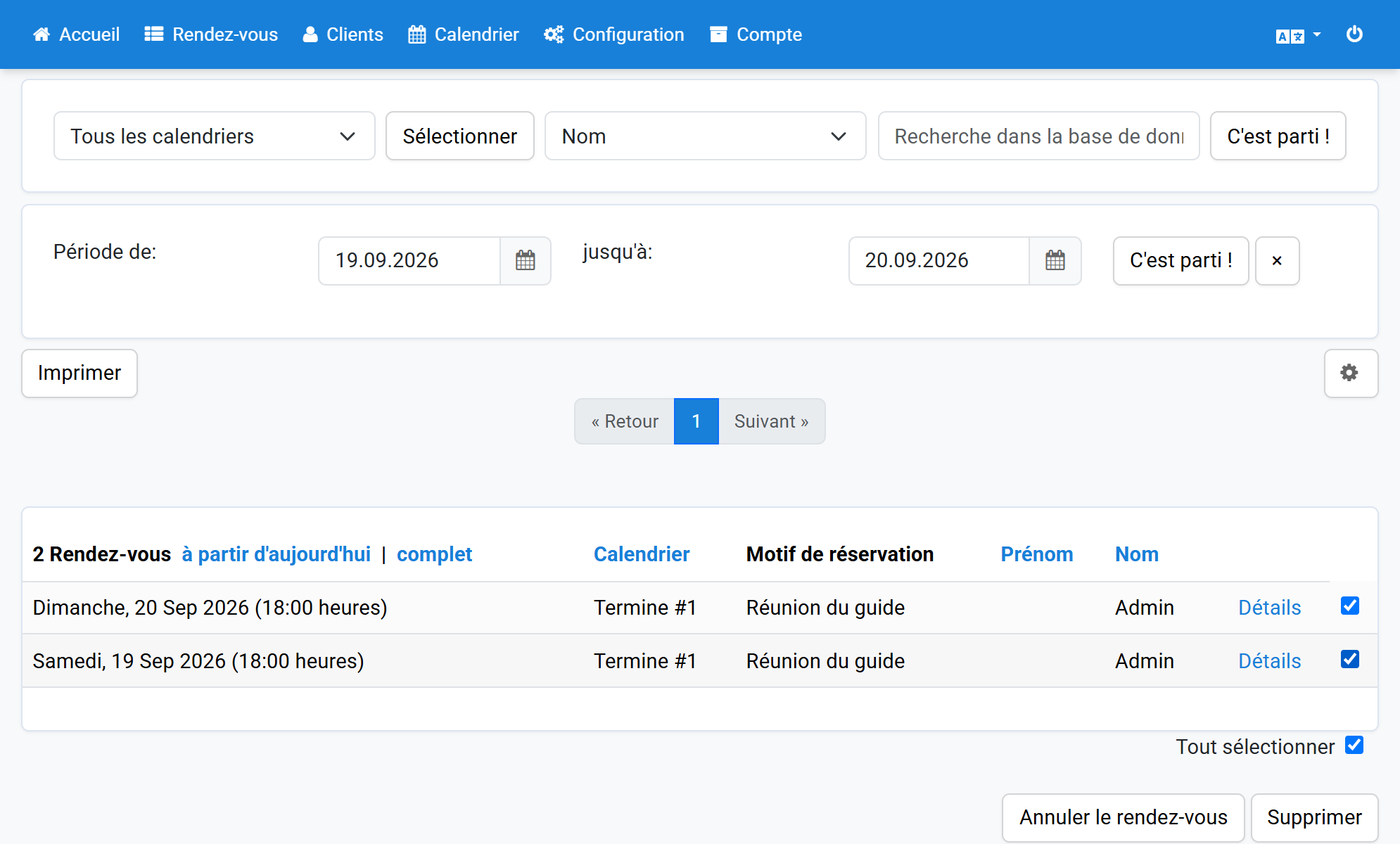 Sélectionnez les rendez-vous à supprimer avec les cases à droite