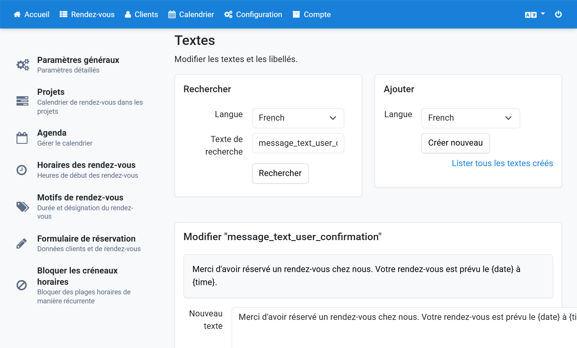Si vous souhaitez modifier le texte d'une autre langue, sélectionnez la langue et cliquez sur Rechercher