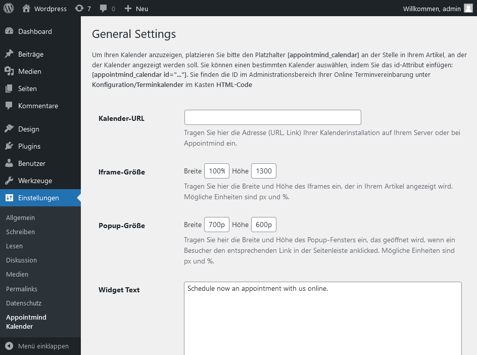 Cliquez sur Appointmind Kalender sous Einstellungen