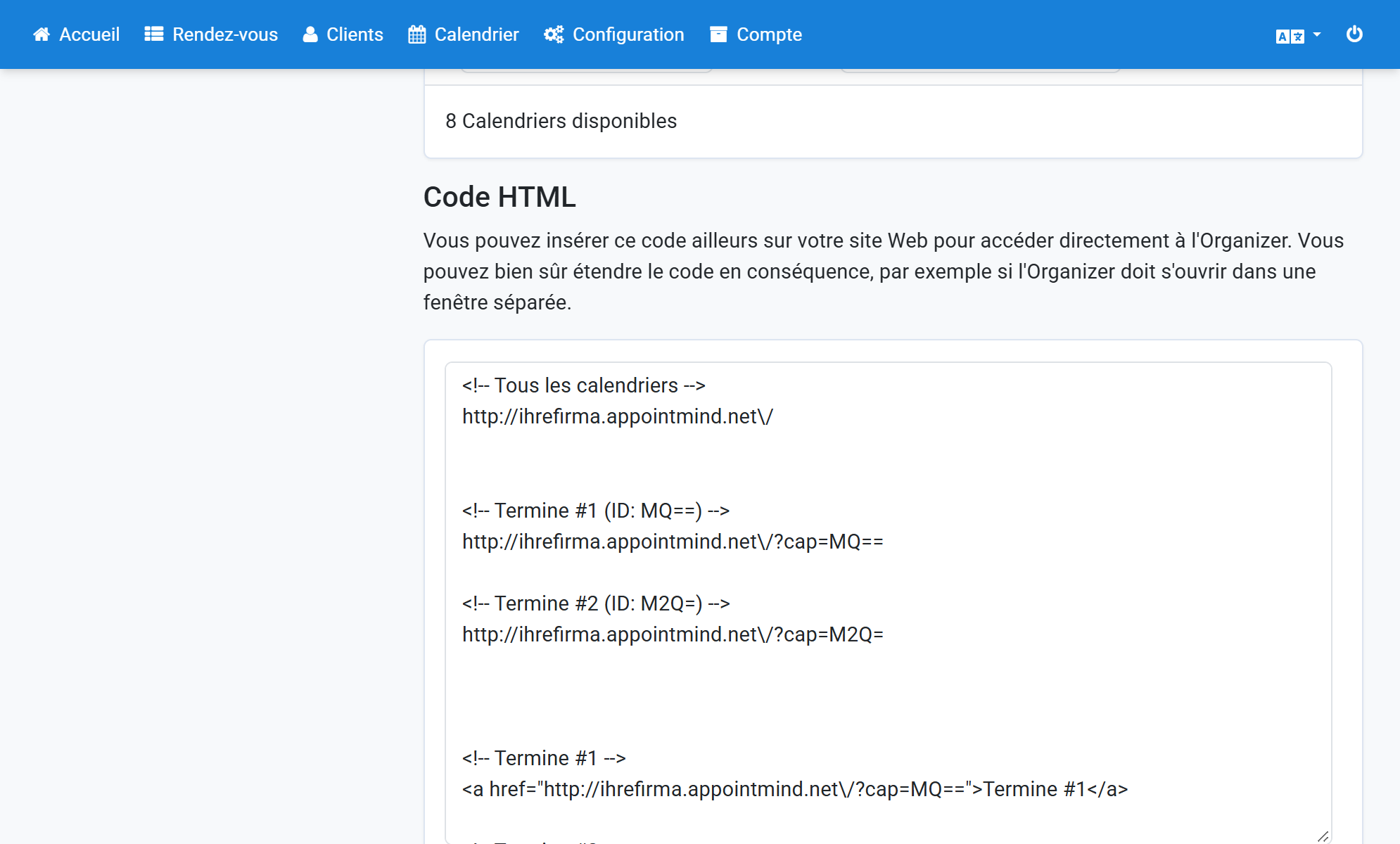 Sélectionnez et copiez l'URL du calendrier