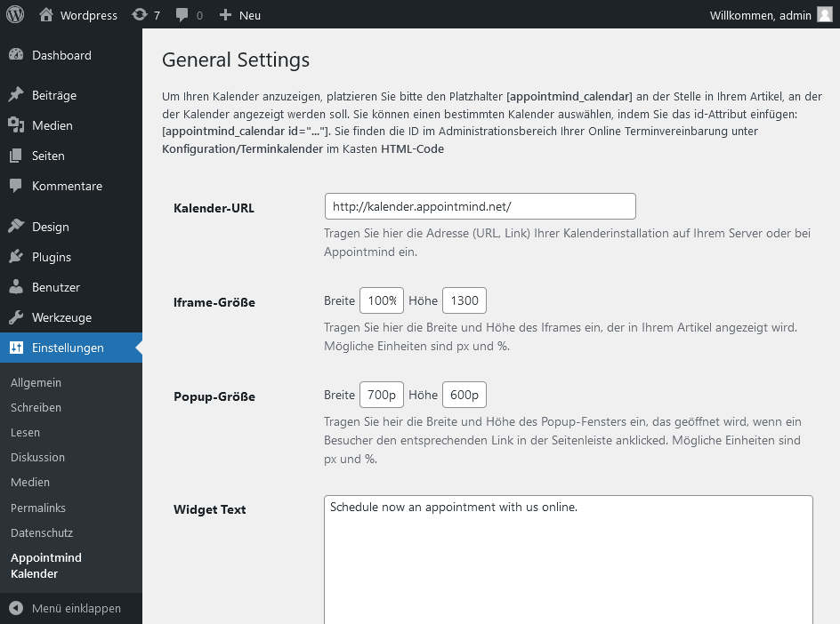 Collez l'URL du calendrier dans WordPress et enregistrez la modification
