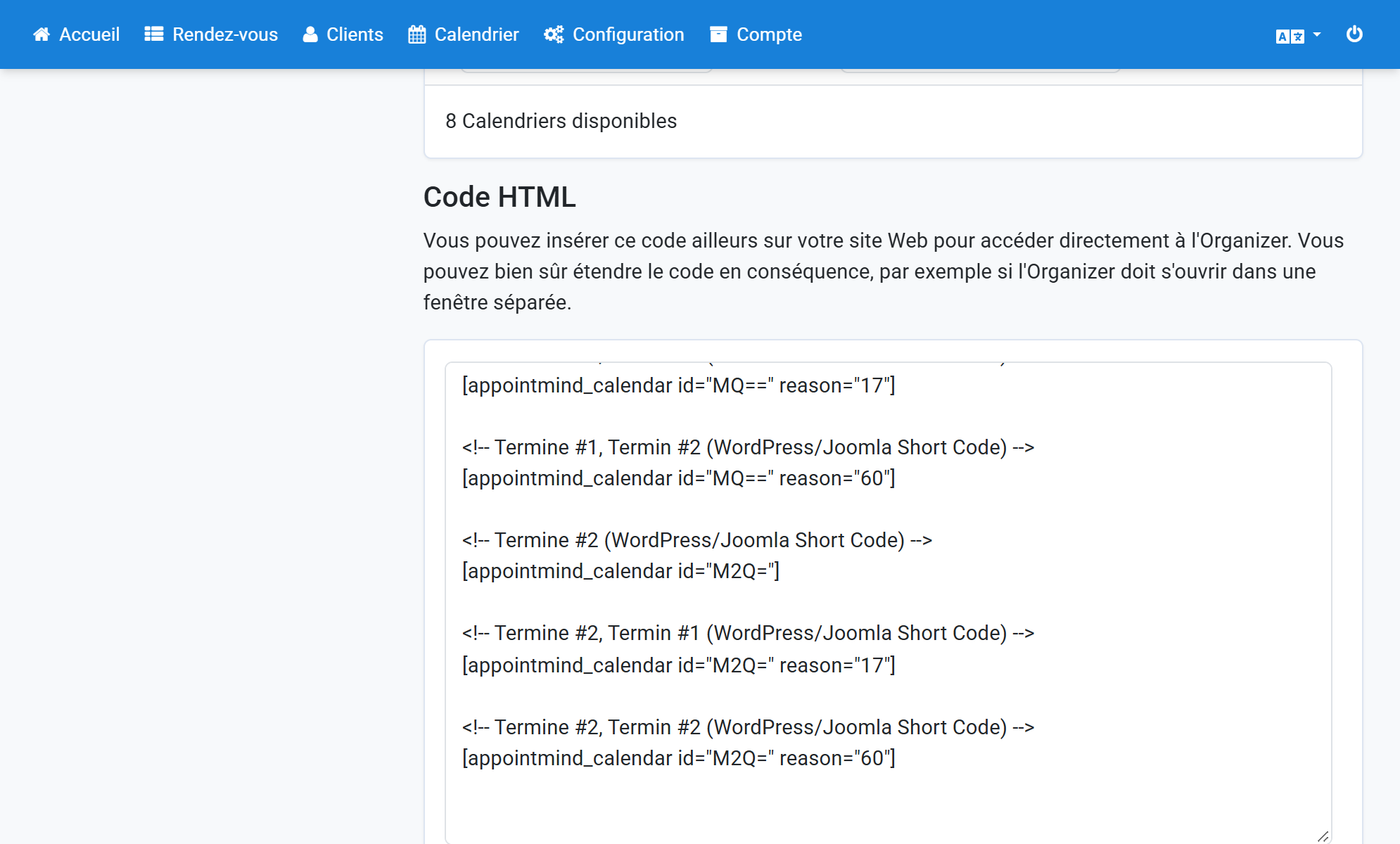 Dans Configuration/Calendrier d'Appointmind, sélectionnez et copiez le shortcode de votre calendrier