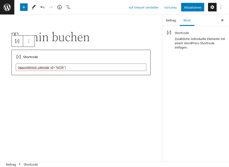 Collez le shortcode dans WordPress et enregistrez la publication